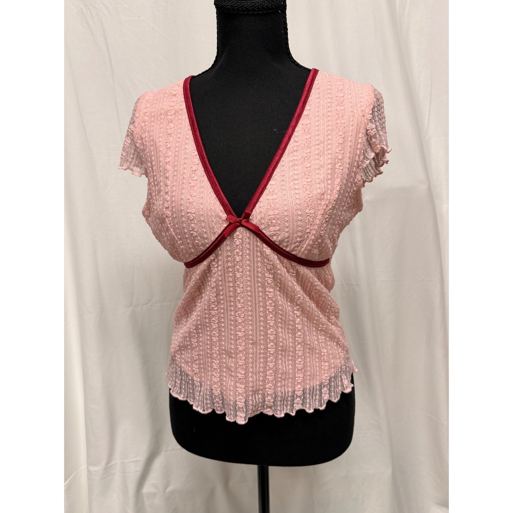 NWT Thirty Thirty LA Y2K Inspired Lace Bow Pink Burgundy V-Neck Top L